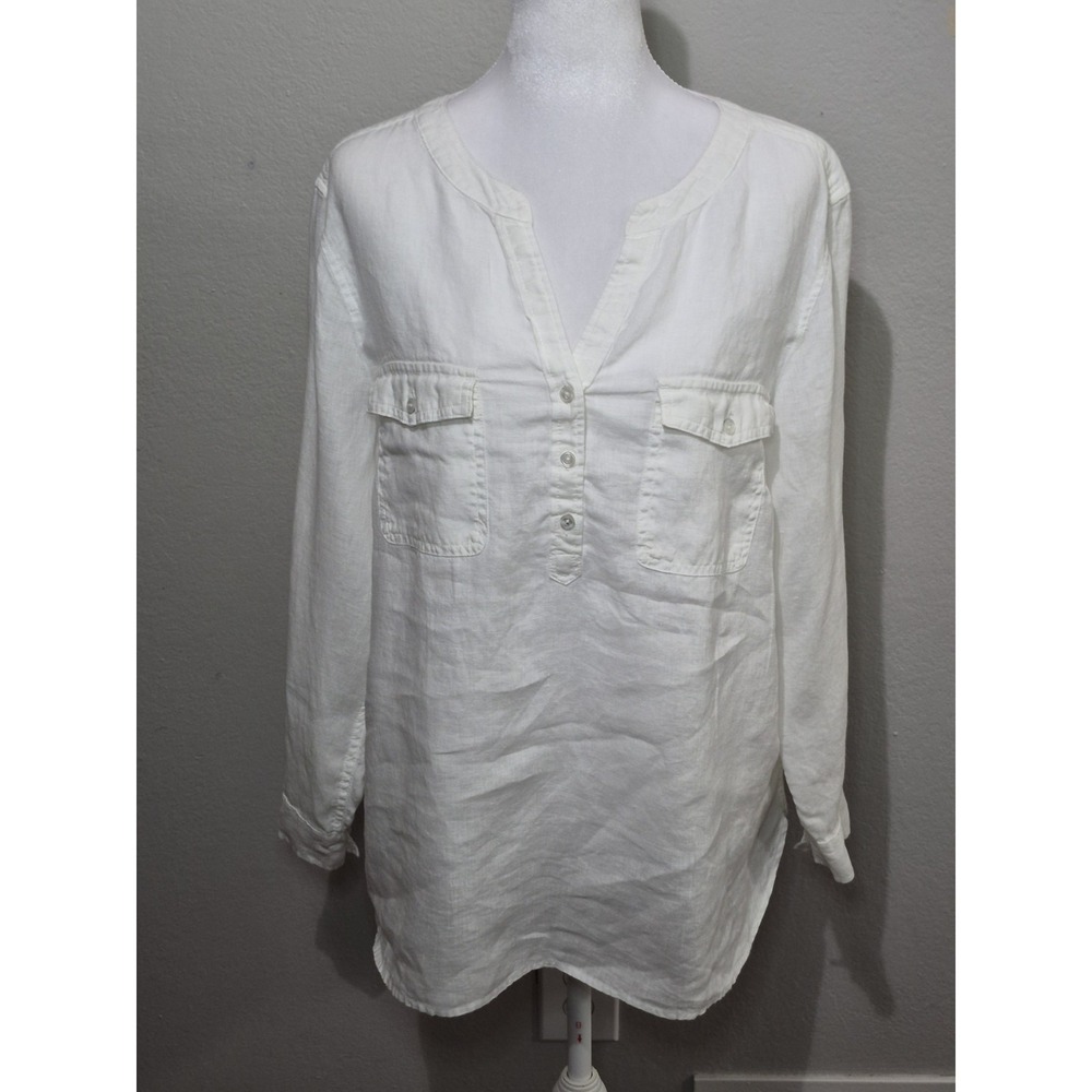Talbots 100% Linen Roll Tab Sleeve Popover Tunic Top Womens Size XLp Beach White